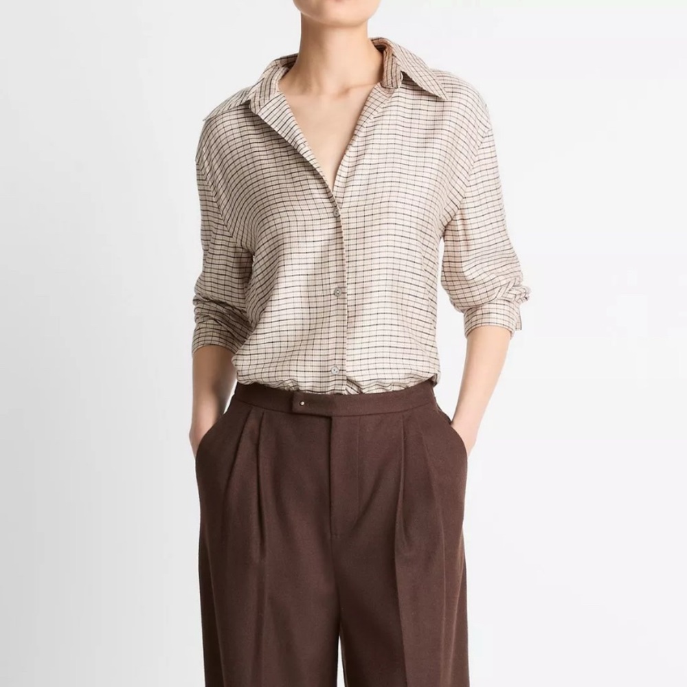 Vince Smocked Micro-Check Button-Front Shirt in Taupe Multi